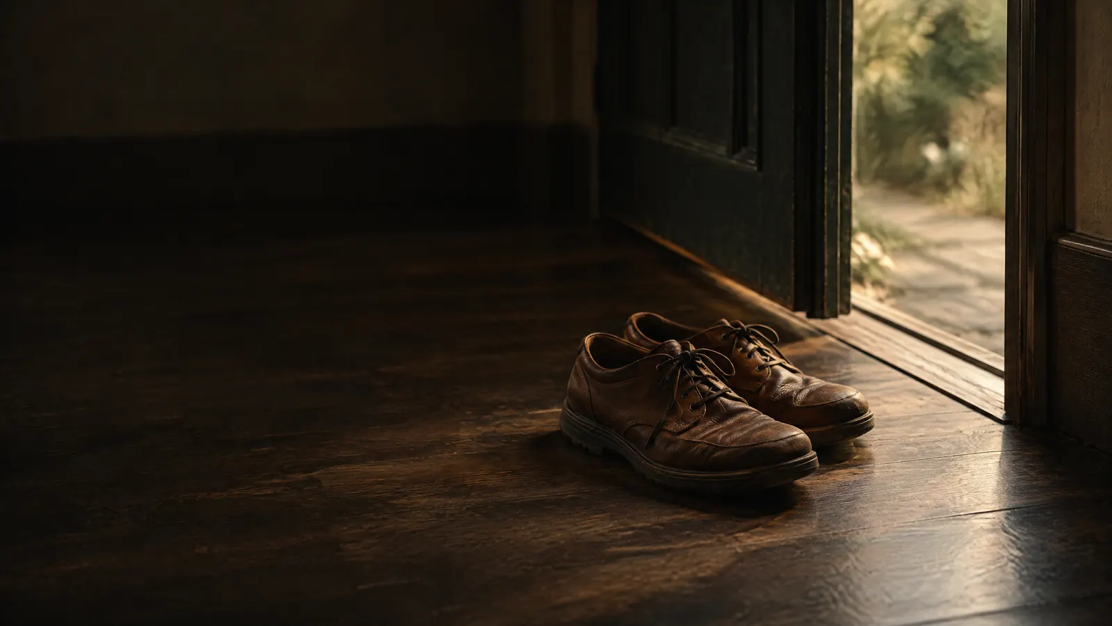 Sapatos de couro gastos junto a uma porta entreaberta