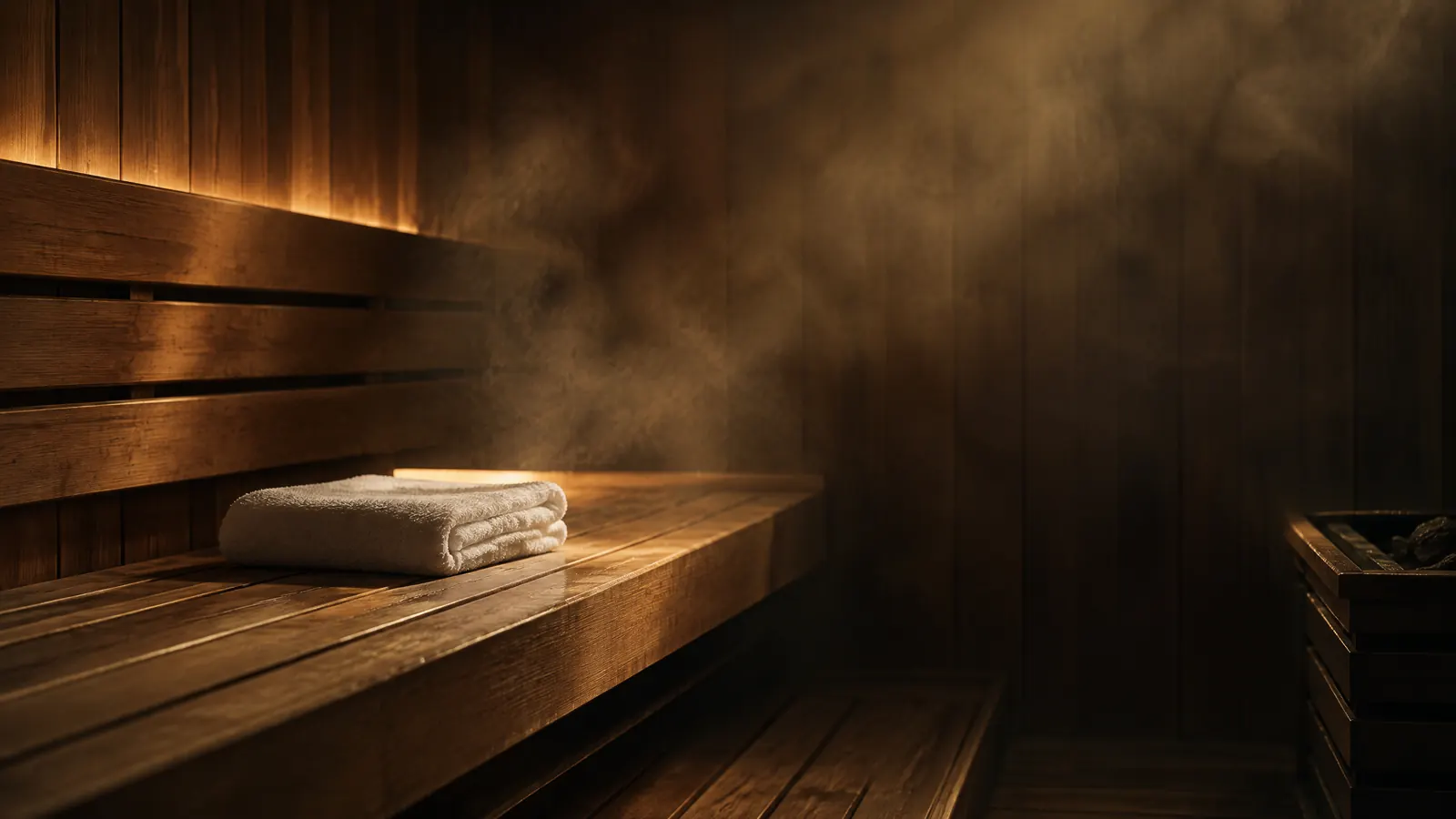 Banco de sauna de madeira com uma toalha dobrada e vapor