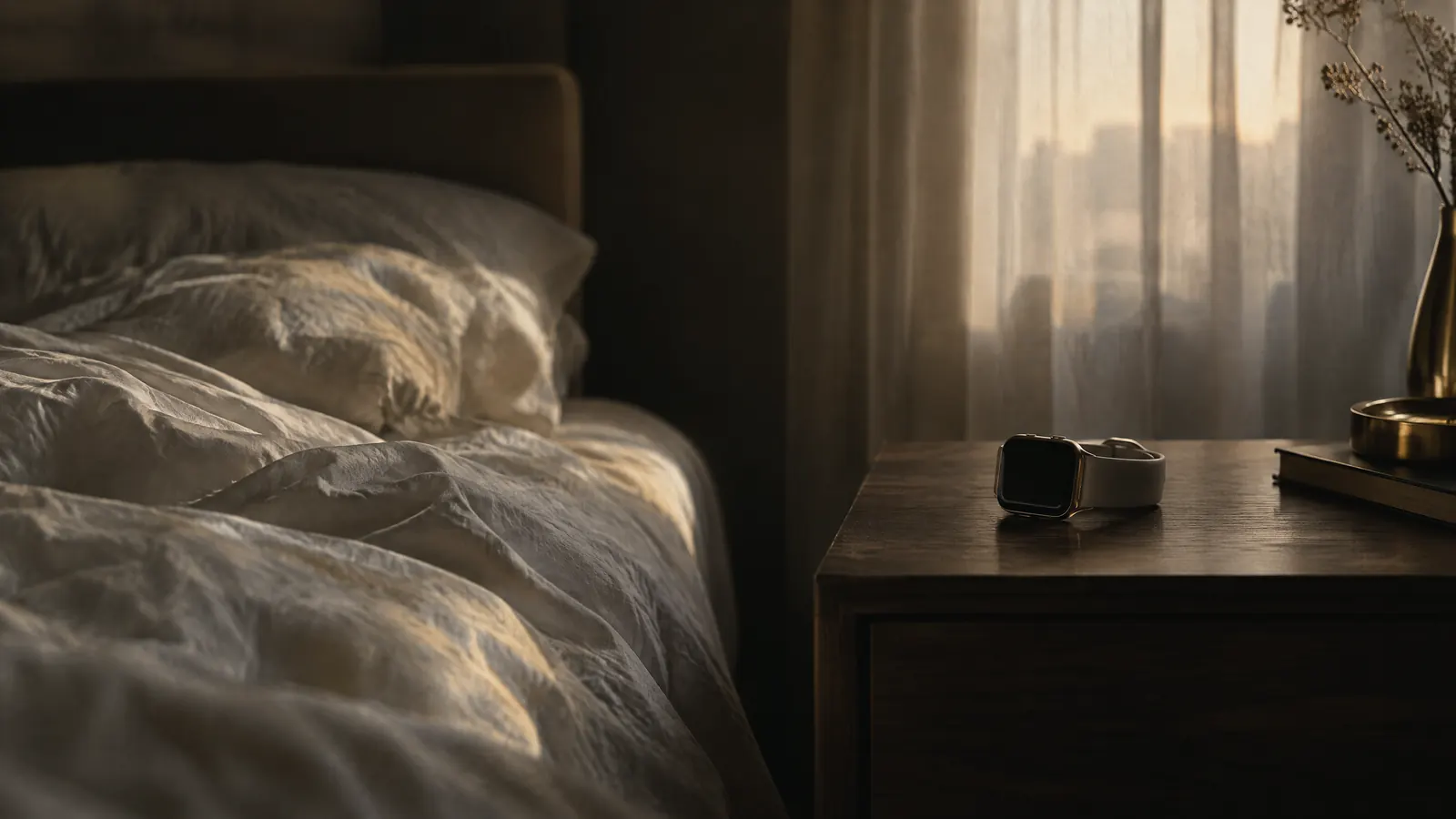 Cama desfeita ao amanhecer e um relógio no criado-mudo