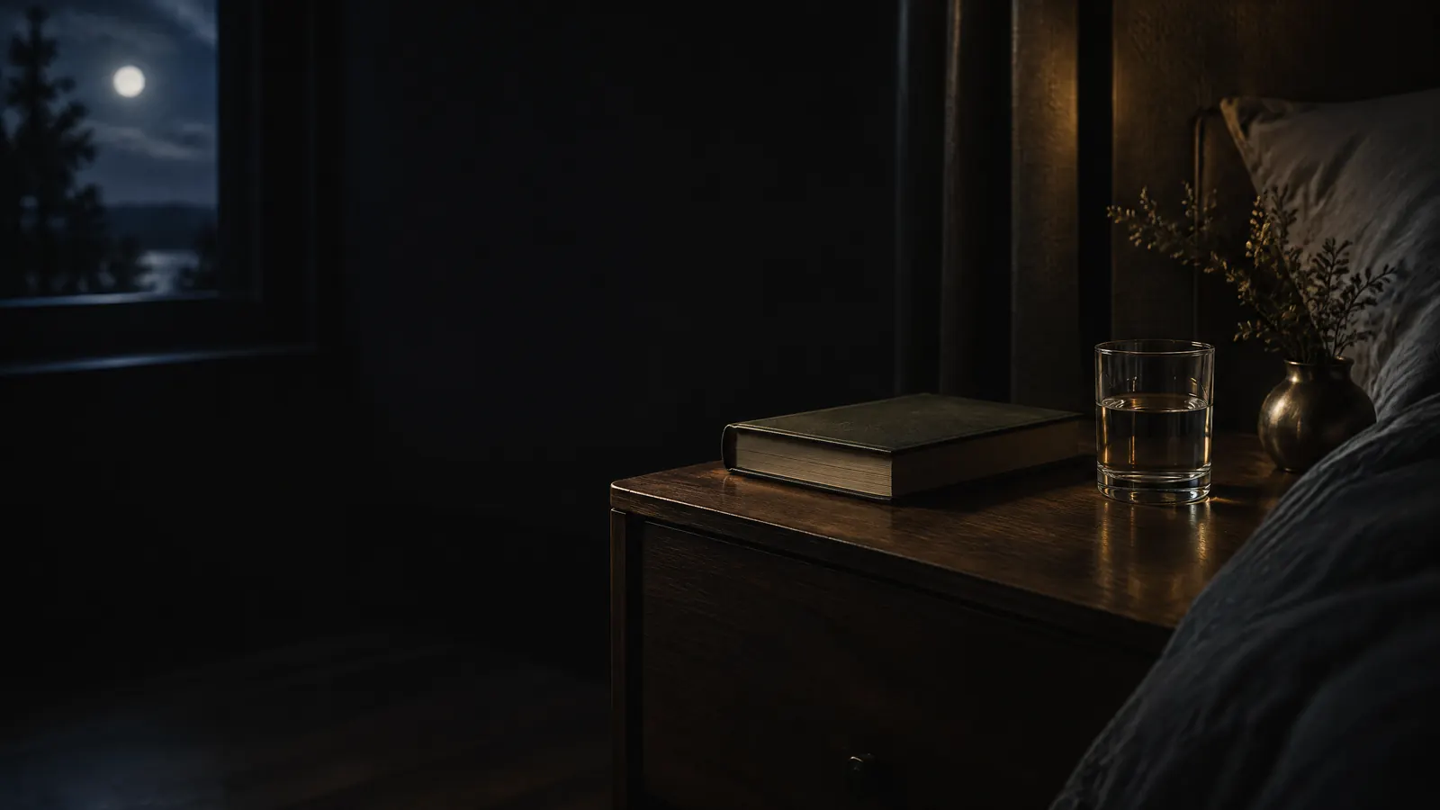 Criado-mudo com livro e copo de água num quarto escuro à noite